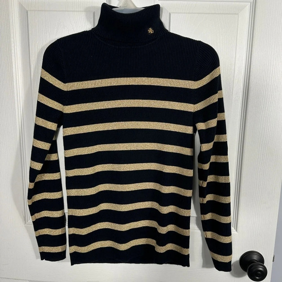 Lauren Ralph Lauren monogrammed turtleneck black and gold sweater, medium - Picture 1 of 8